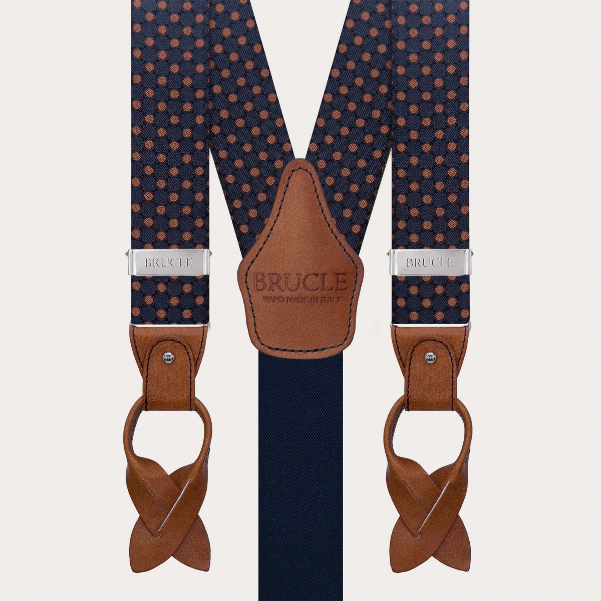 Men's blue silk suspenders with brown polka dots