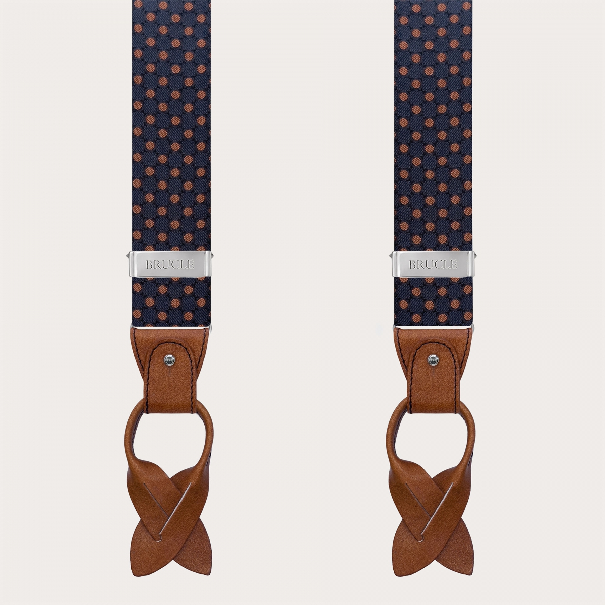 Men's blue silk suspenders with brown polka dots