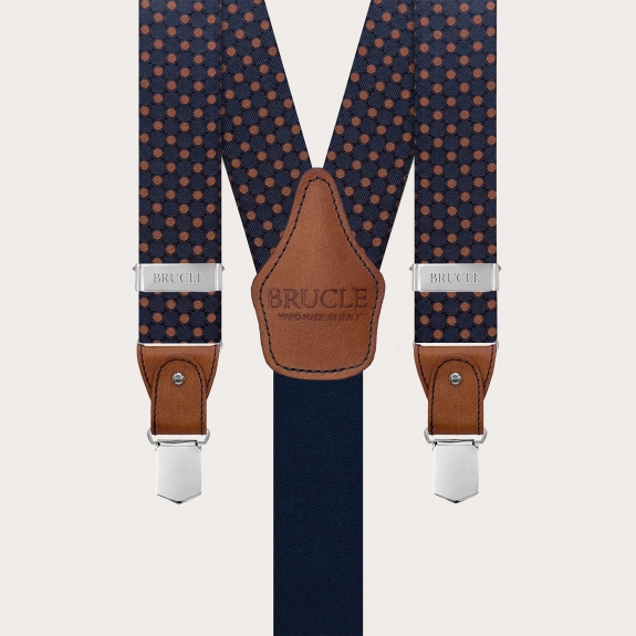 Men's blue silk suspenders with brown polka dots