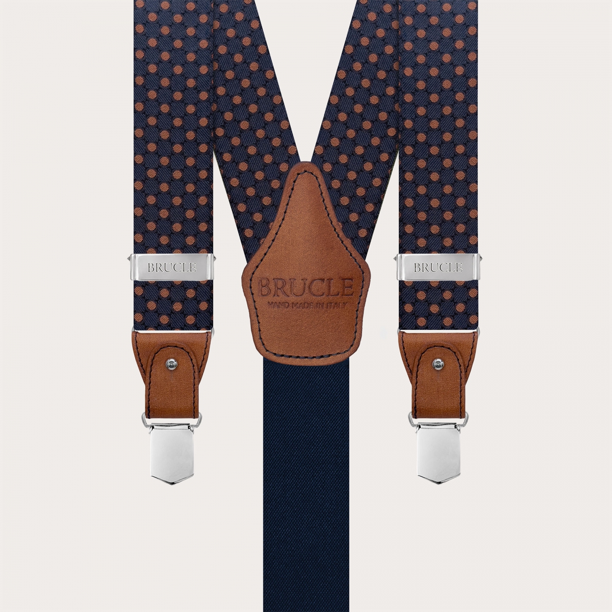 Men's blue silk suspenders with brown polka dots