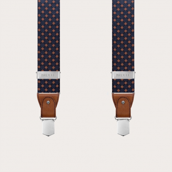 Men's blue silk suspenders with brown polka dots