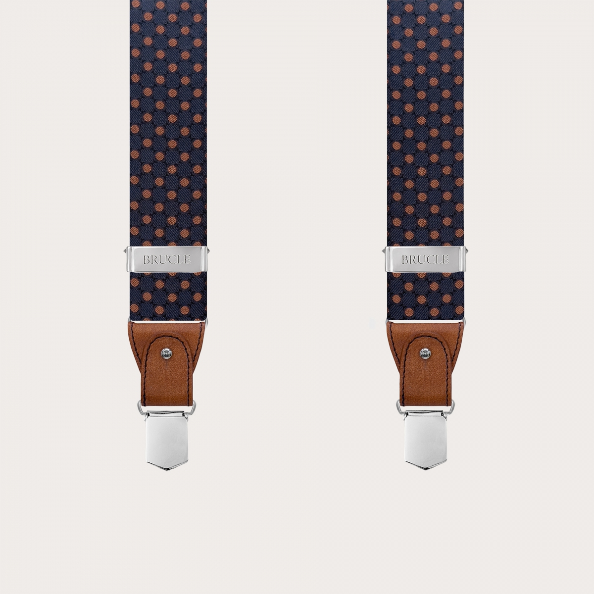 Men's blue silk suspenders with brown polka dots