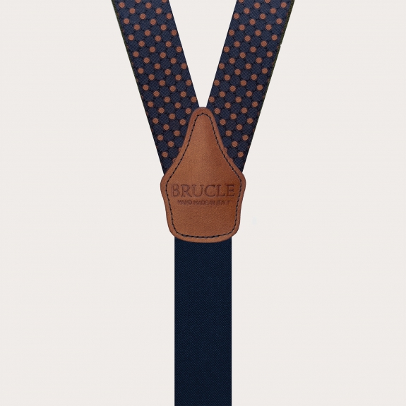 Men's blue silk suspenders with brown polka dots