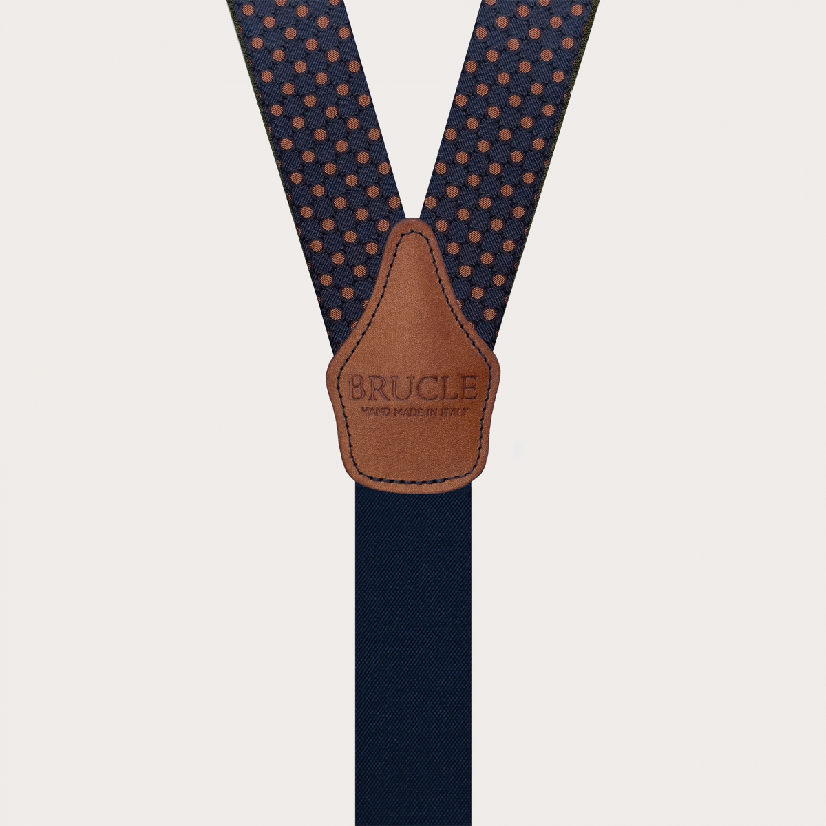 Men's blue silk suspenders with brown polka dots