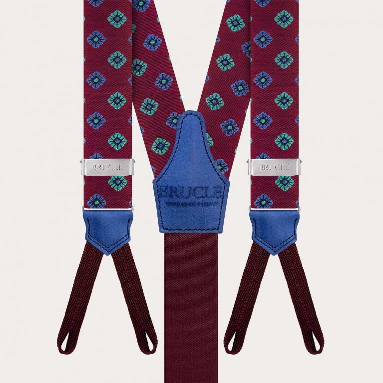 Burgundy silk suspenders with blue flowers for buttons