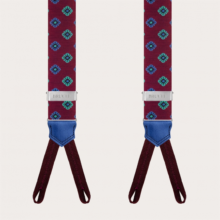 Burgundy silk suspenders with blue flowers for buttons