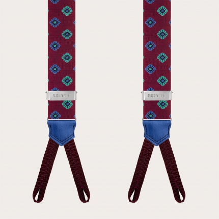 Burgundy silk suspenders with blue flowers for buttons