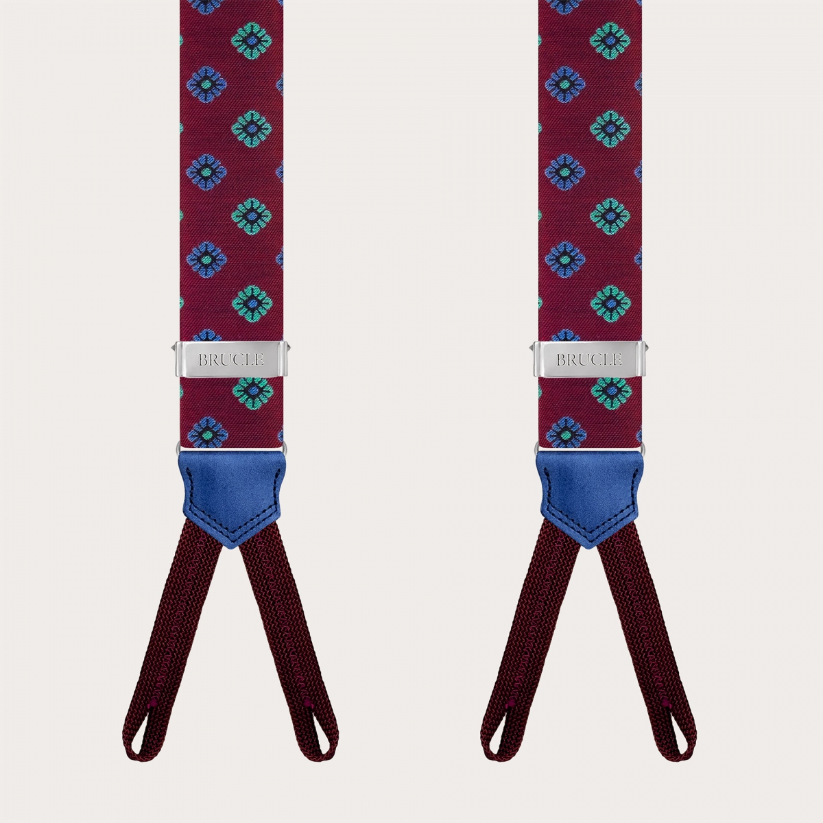 Burgundy silk suspenders with blue flowers for buttons