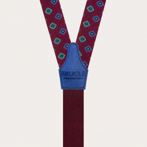 Burgundy silk suspenders with blue flowers for buttons