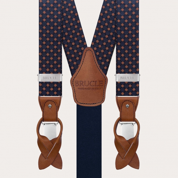 Matching suspenders and bow tie set in blue silk with brown polka dots