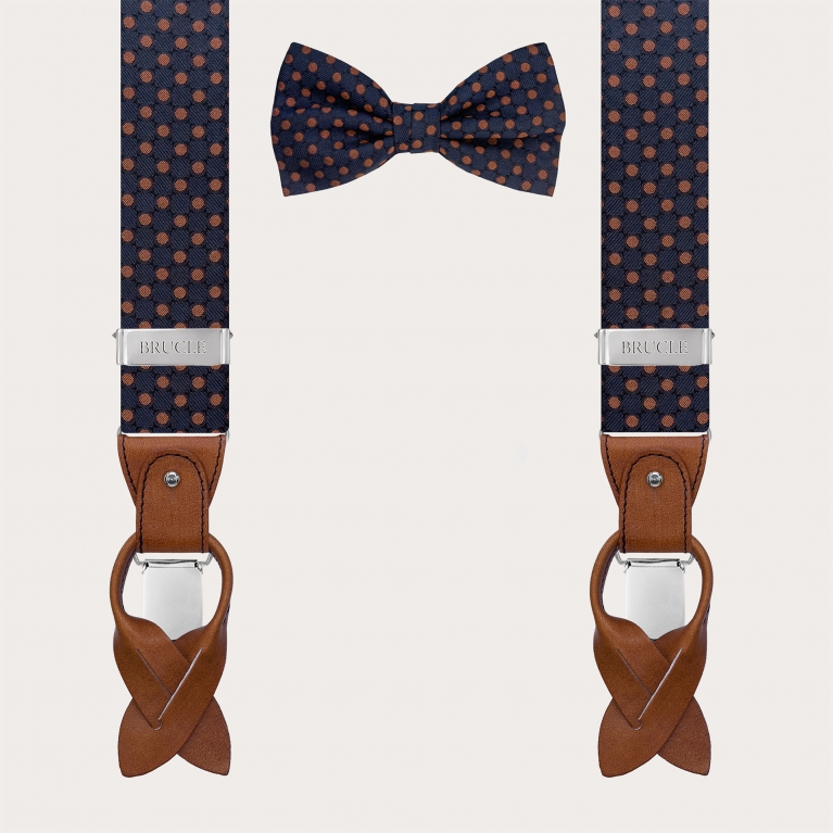 Matching suspenders and bow tie set in blue silk with brown polka dots