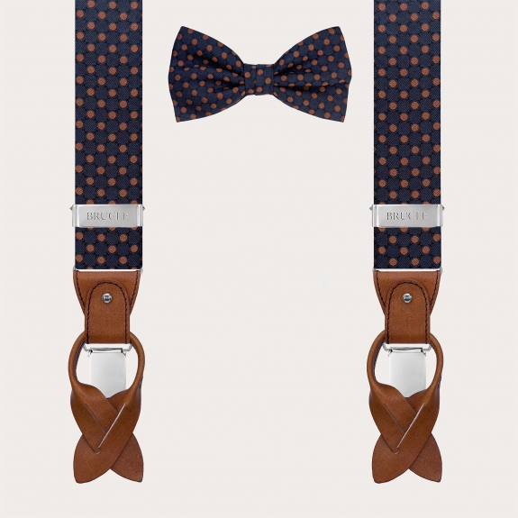 Matching suspenders and bow tie set in blue silk with brown polka dots