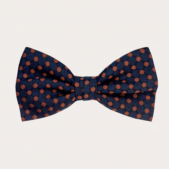 Matching suspenders and bow tie set in blue silk with brown polka dots