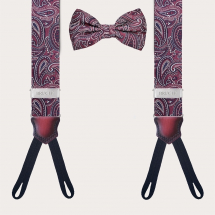 Bretelle e papillon coordinati in seta paisley bordeaux