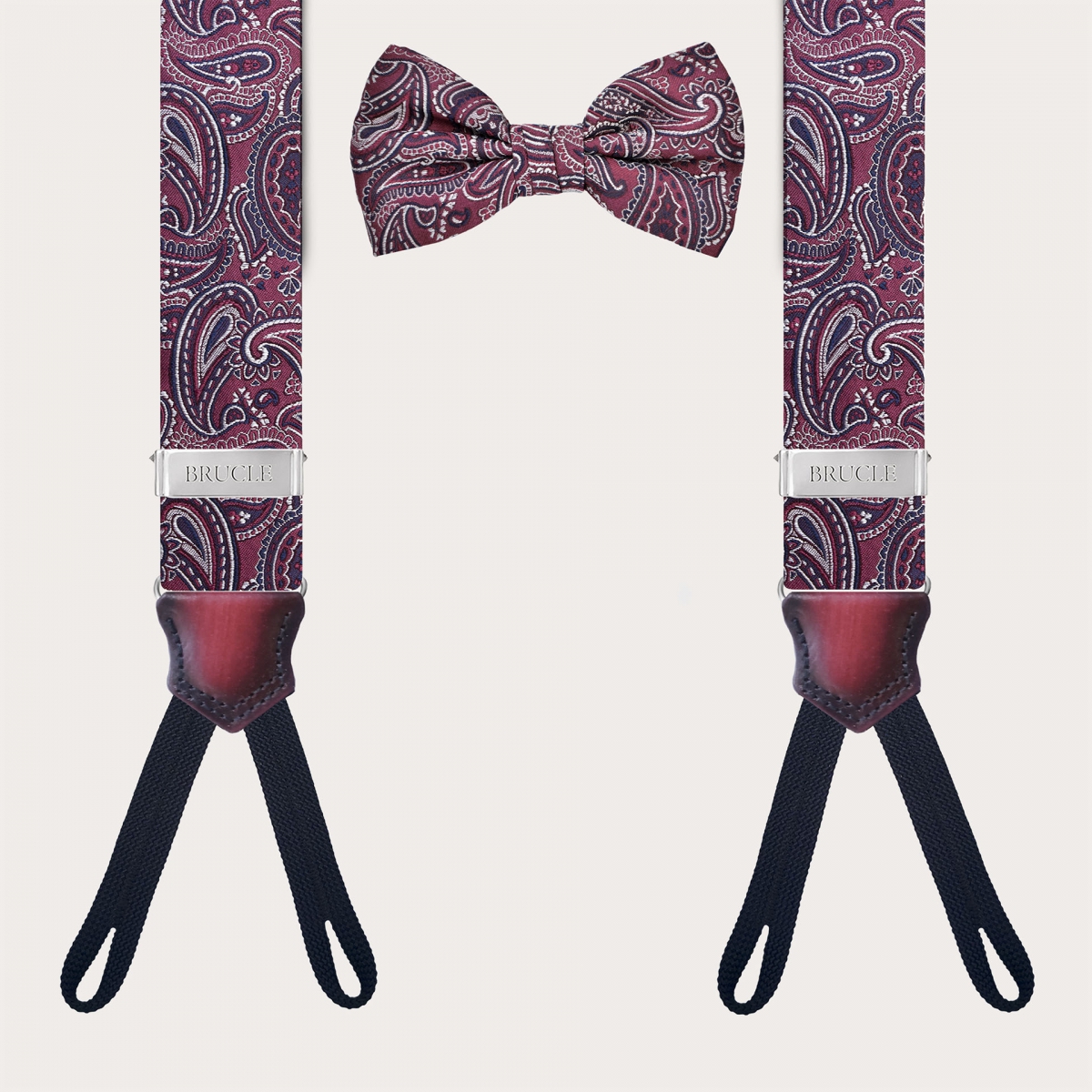 Bretelle e papillon coordinati in seta paisley bordeaux