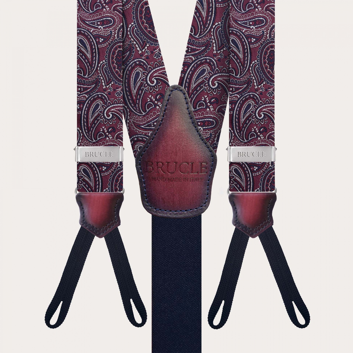 Bretelle e papillon coordinati in seta paisley bordeaux