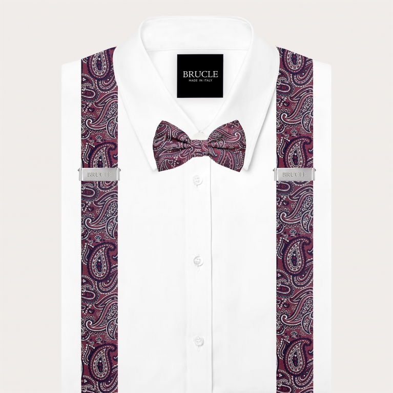 Matching suspenders and bow tie in bordeaux paisley silk