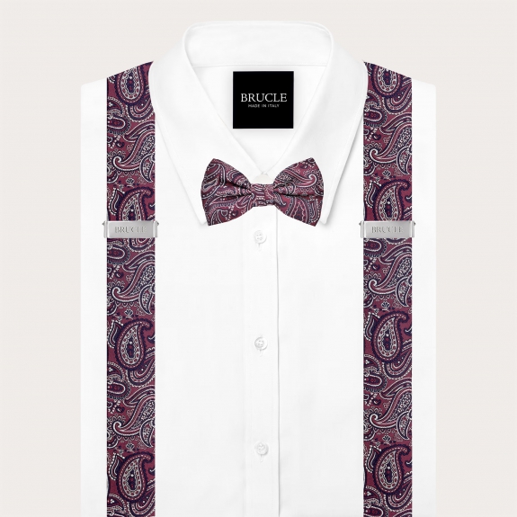 Bretelle e papillon coordinati in seta paisley bordeaux