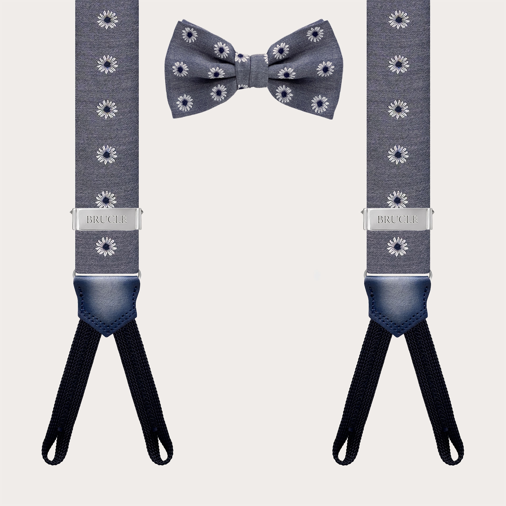 Matching suspenders and bow tie in grey floral silk