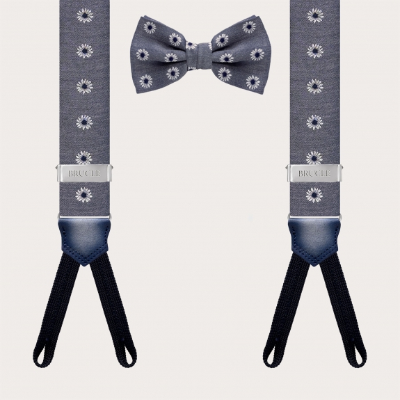 Matching suspenders and bow tie in grey floral silk