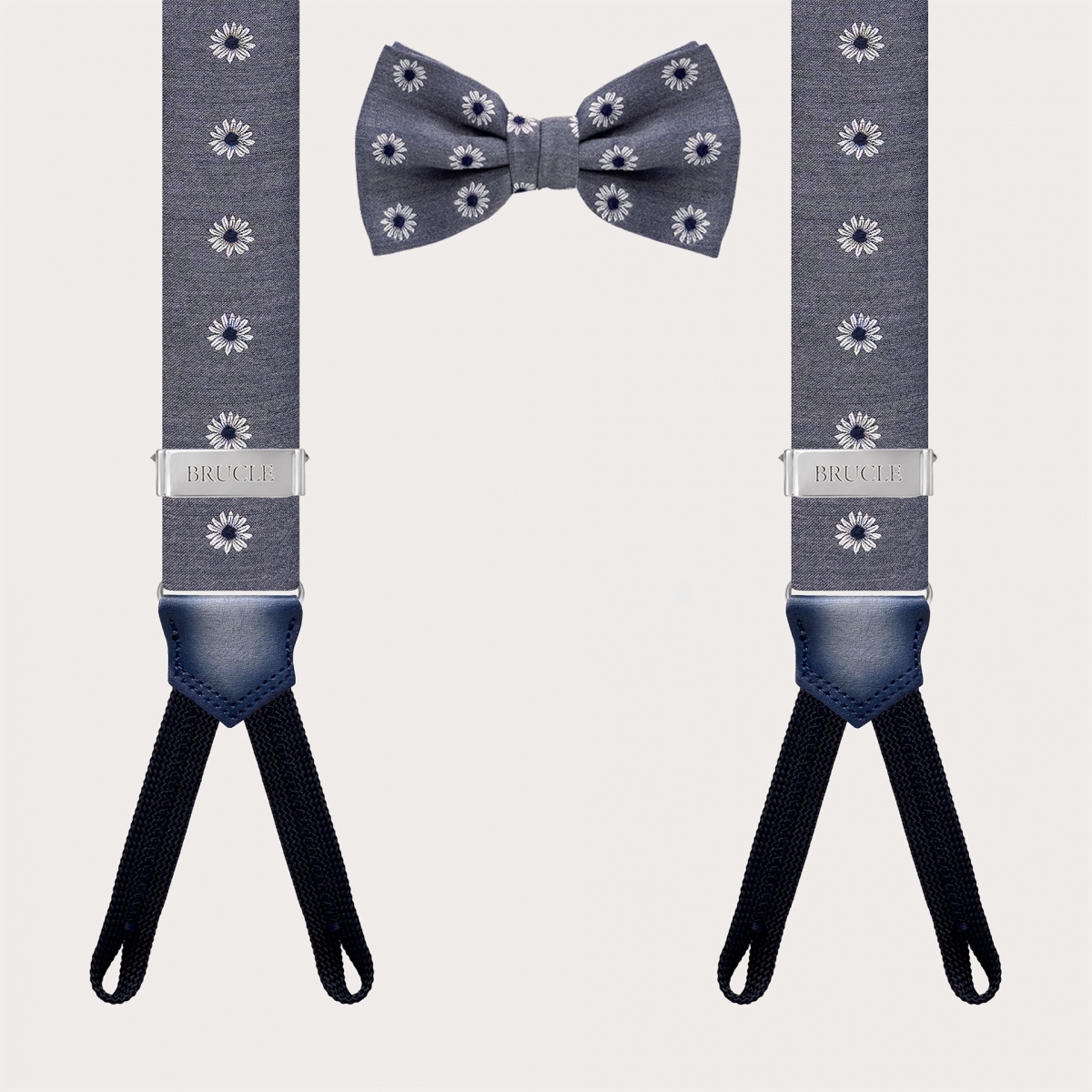 Matching suspenders and bow tie in grey floral silk