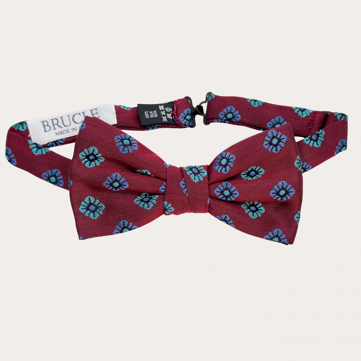 Pre-tied bow tie in burgundy silk with flowers