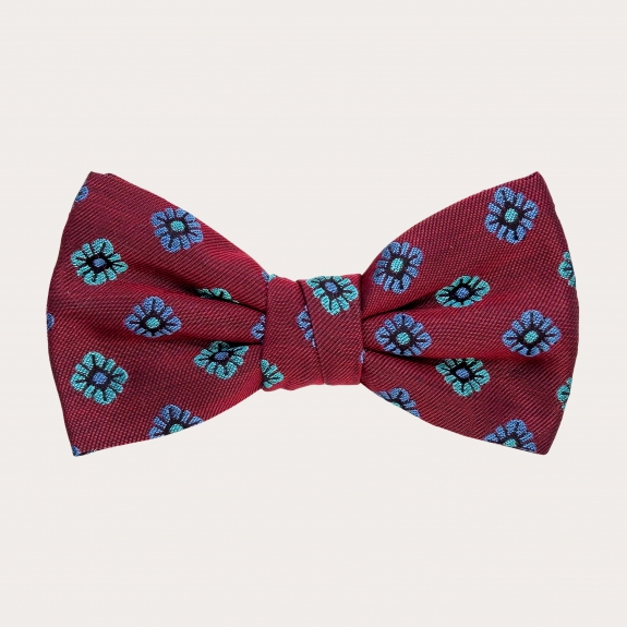 Coordinated suspenders and bow tie in bordeaux floral silk