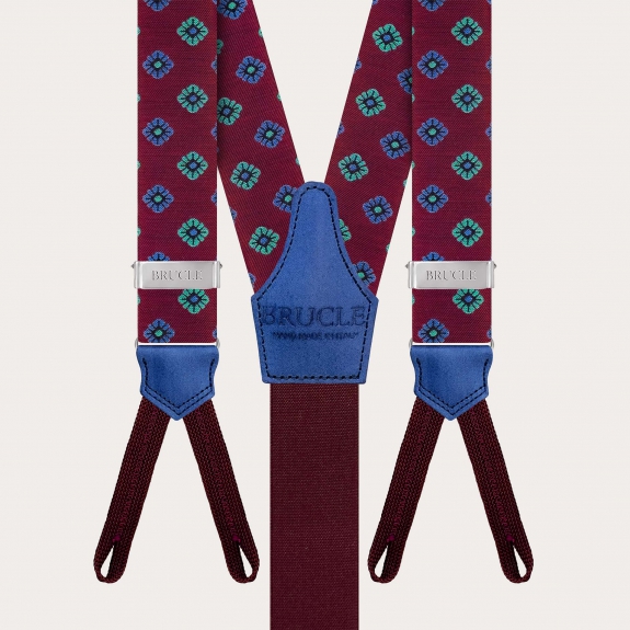 Coordinated suspenders and bow tie in bordeaux floral silk