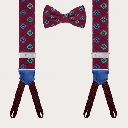 Coordinated suspenders and bow tie in bordeaux floral silk