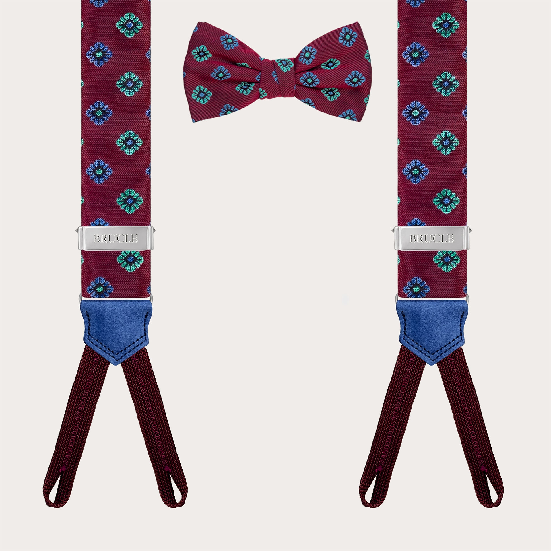 Coordinated suspenders and bow tie in bordeaux floral silk