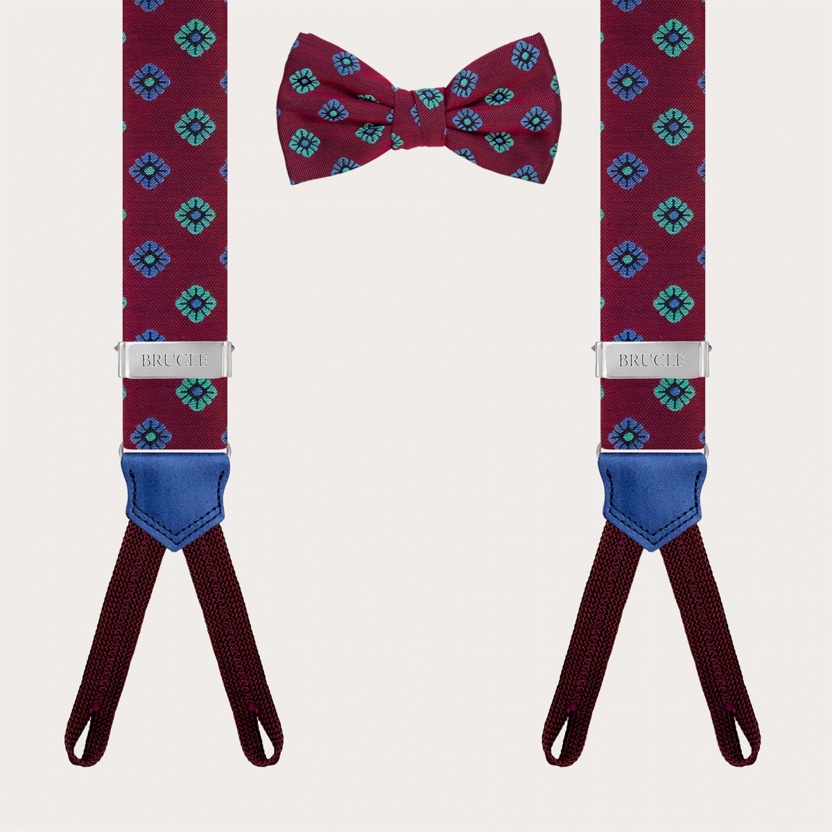 Coordinated suspenders and bow tie in bordeaux floral silk