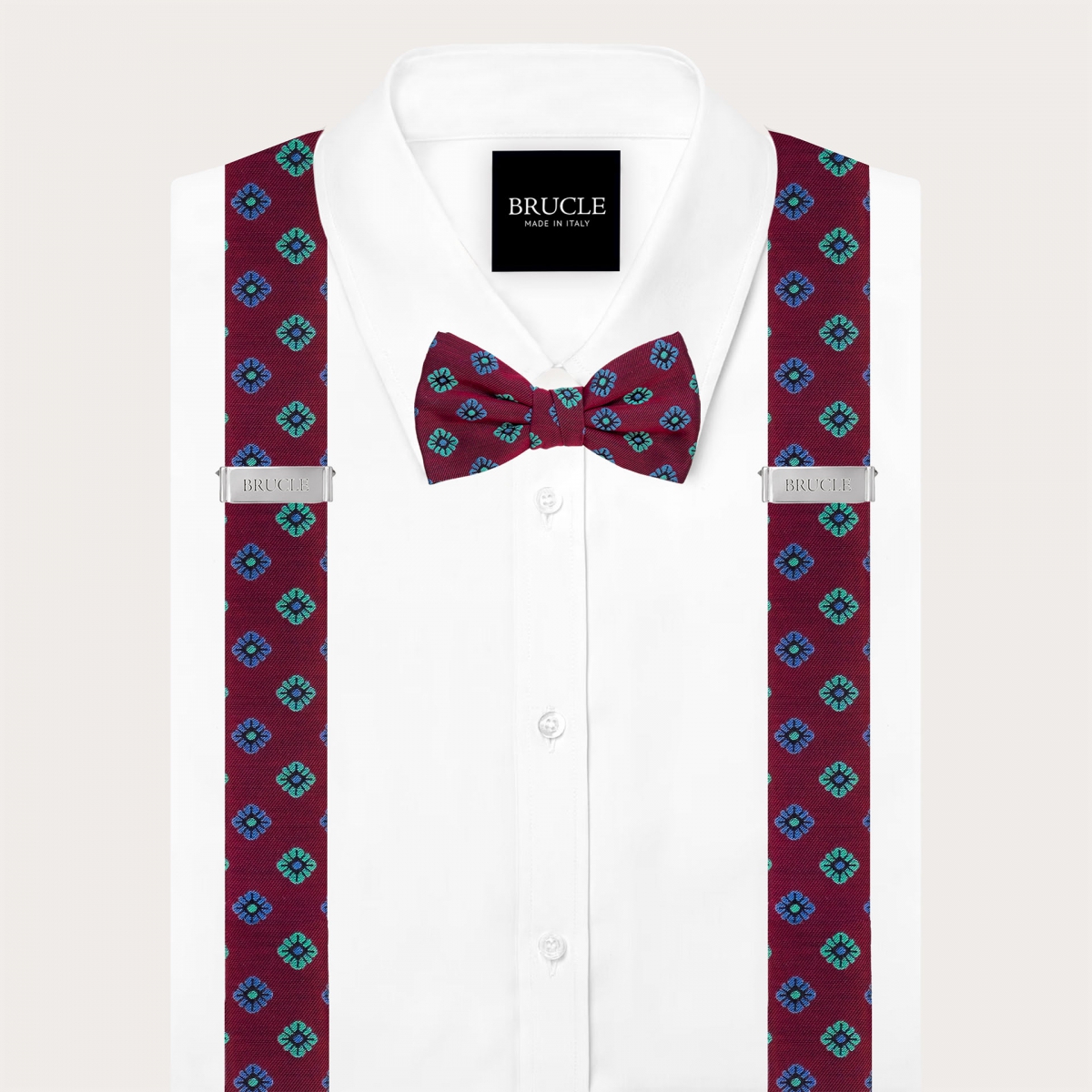 Coordinated suspenders and bow tie in bordeaux floral silk