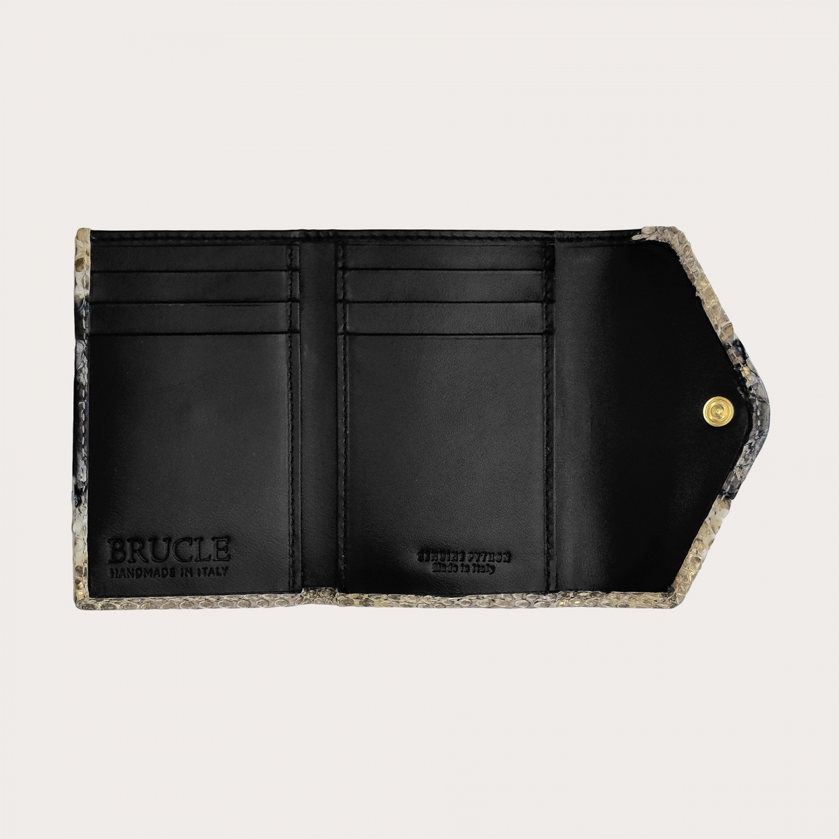 Mini compact wallet in gold and black python