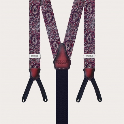 Narrow paisley bordeaux silk suspenders for buttons