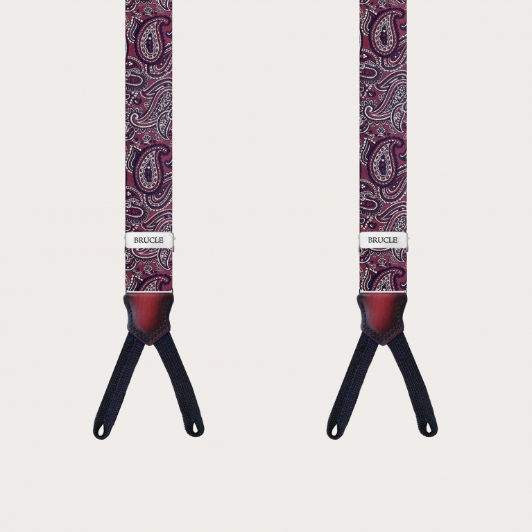 Narrow paisley bordeaux silk suspenders for buttons