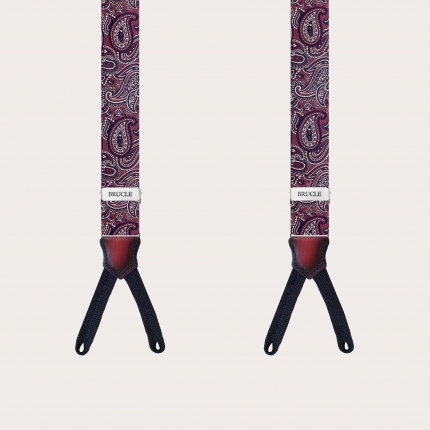 Narrow paisley bordeaux silk suspenders for buttons