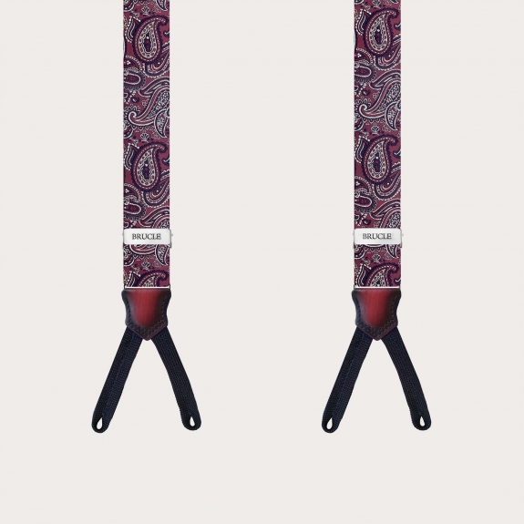 Narrow paisley bordeaux silk suspenders for buttons