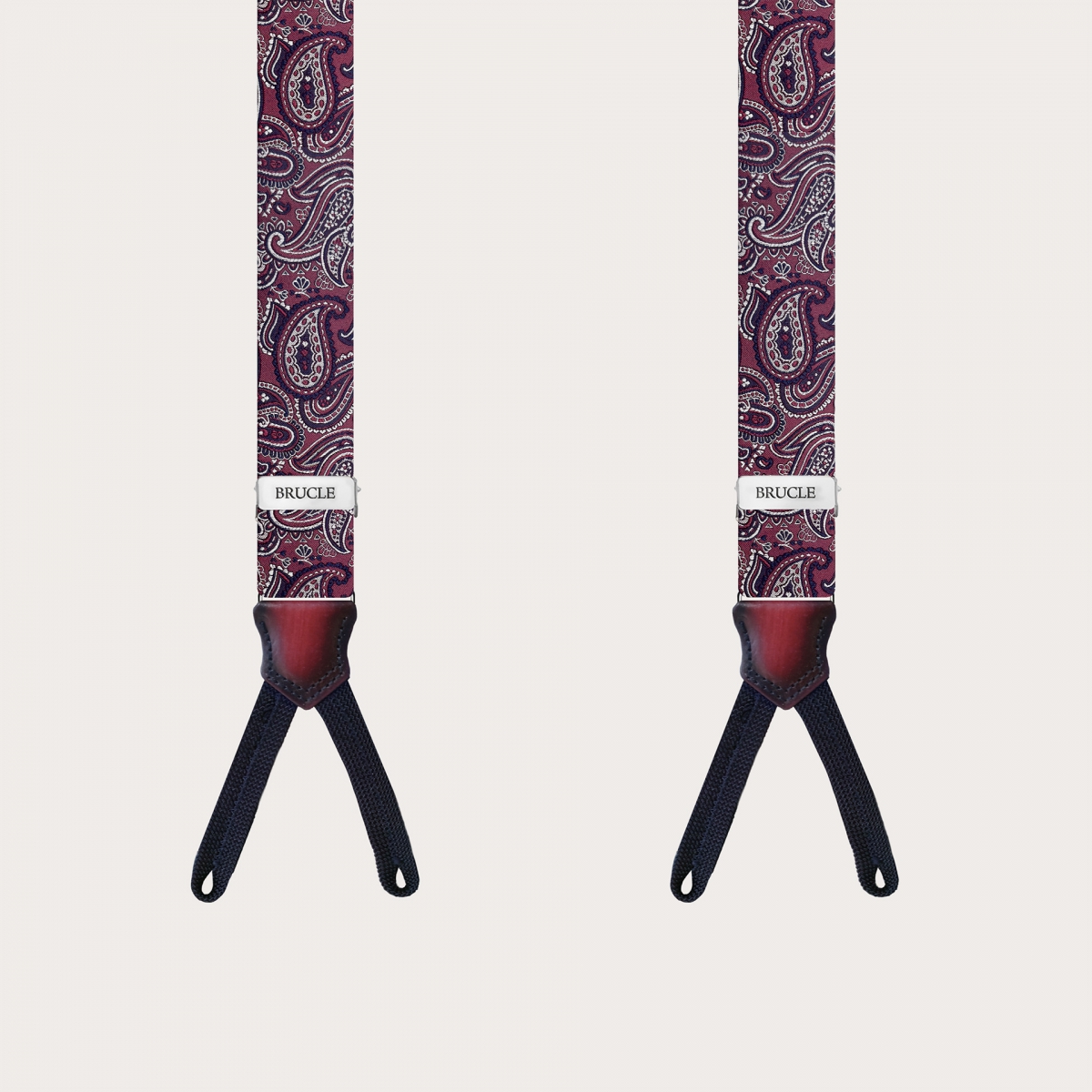 Narrow paisley bordeaux silk suspenders for buttons