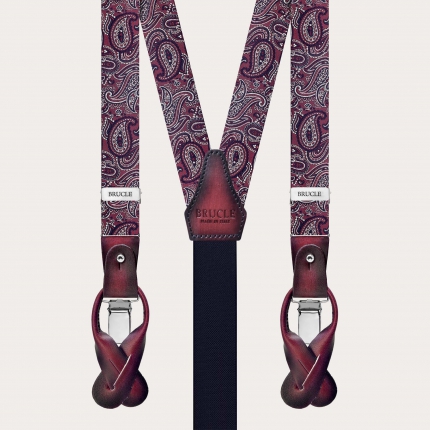 Narrow silk suspenders for buttons or clips, paisley bordeaux