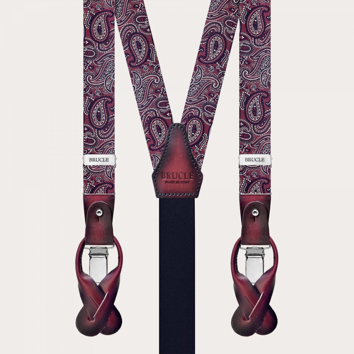 Narrow silk suspenders for buttons or clips, paisley bordeaux