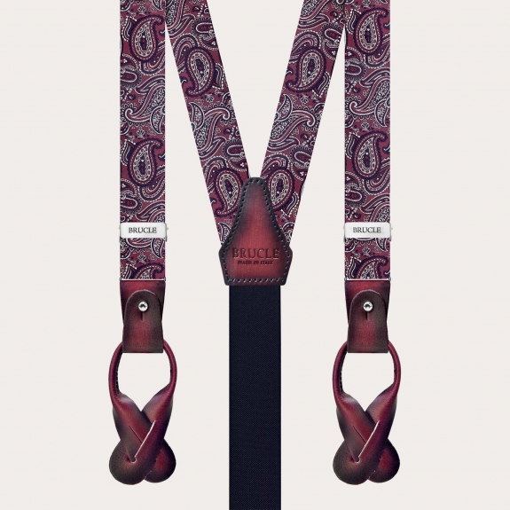 Narrow silk suspenders for buttons or clips, paisley bordeaux