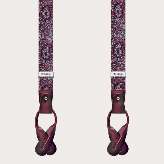 Narrow silk suspenders for buttons or clips, paisley bordeaux