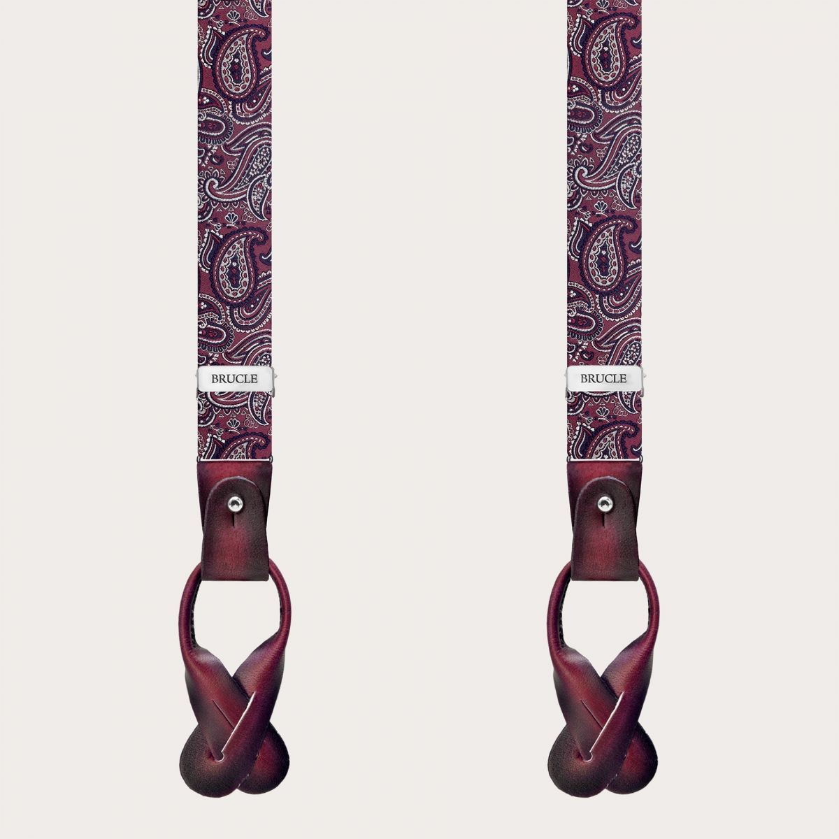 Narrow silk suspenders for buttons or clips, paisley bordeaux