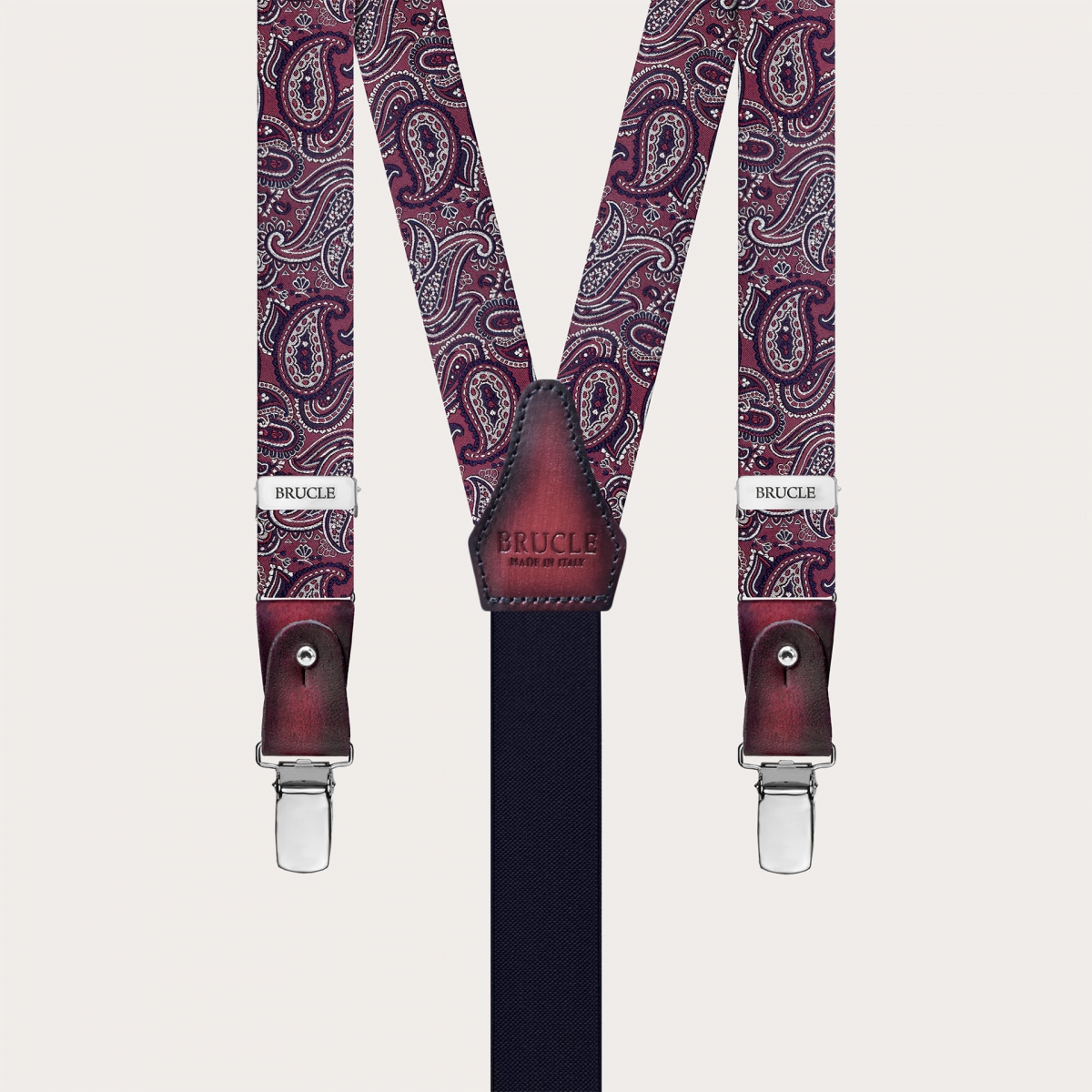 Narrow silk suspenders for buttons or clips, paisley bordeaux