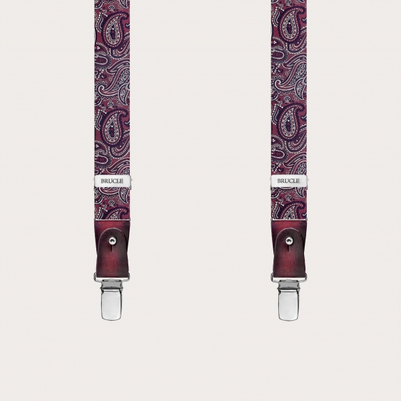 Narrow silk suspenders for buttons or clips, paisley bordeaux