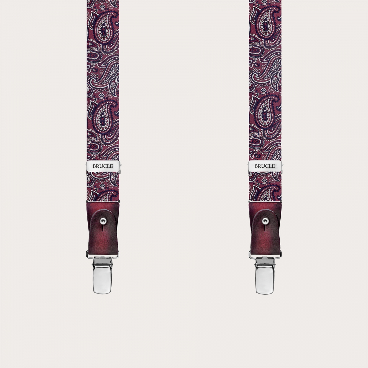 Narrow silk suspenders for buttons or clips, paisley bordeaux