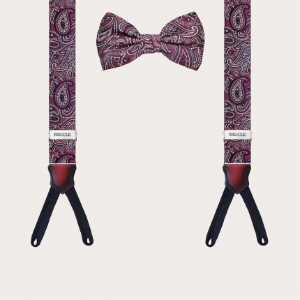 Coordinated set of suspenders for buttons and bordeaux paisley bow tie