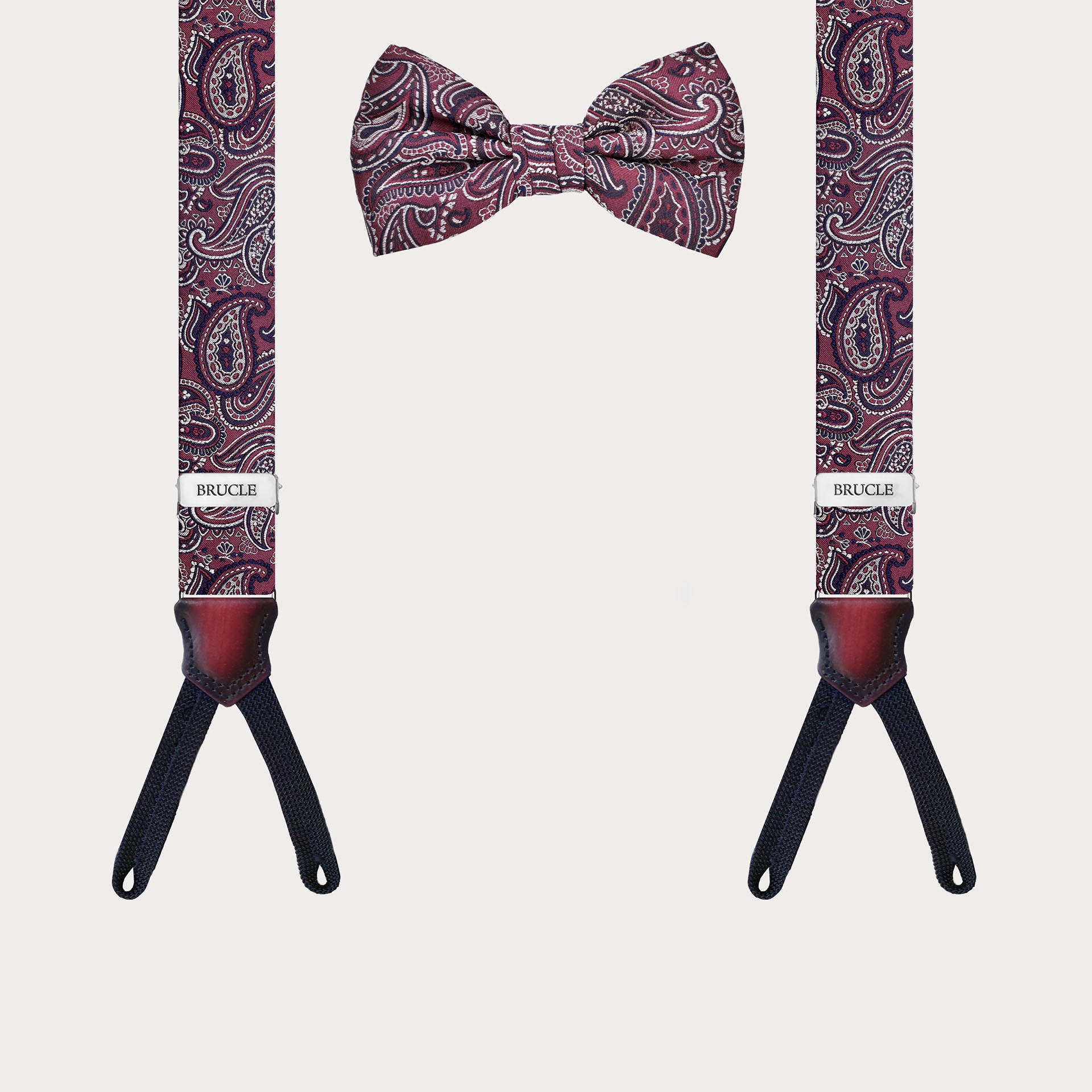 Coordinated set of suspenders for buttons and bordeaux paisley bow tie