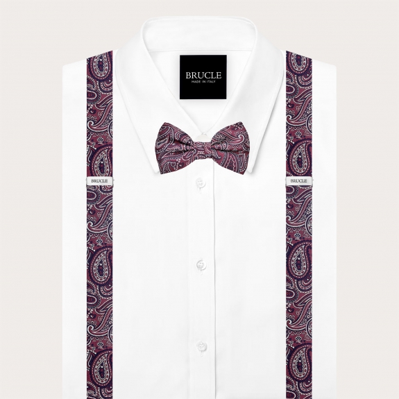 Ensemble coordonné de bretelles pour boutons et nœud papillon bordeaux paisley