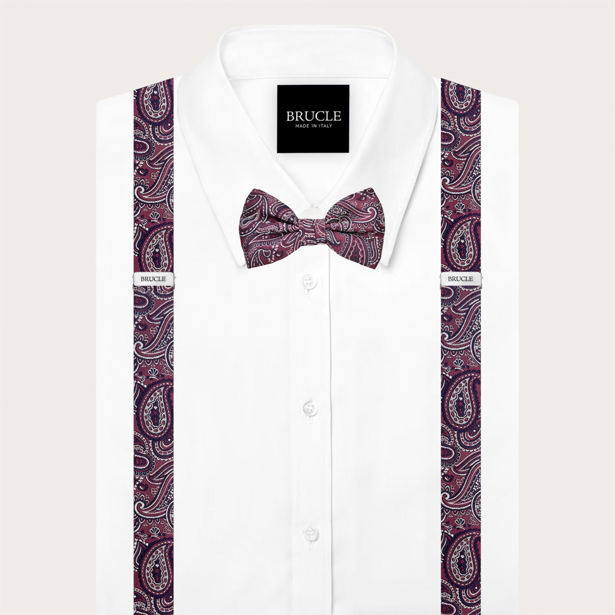 Coordinated set of suspenders for buttons and bordeaux paisley bow tie